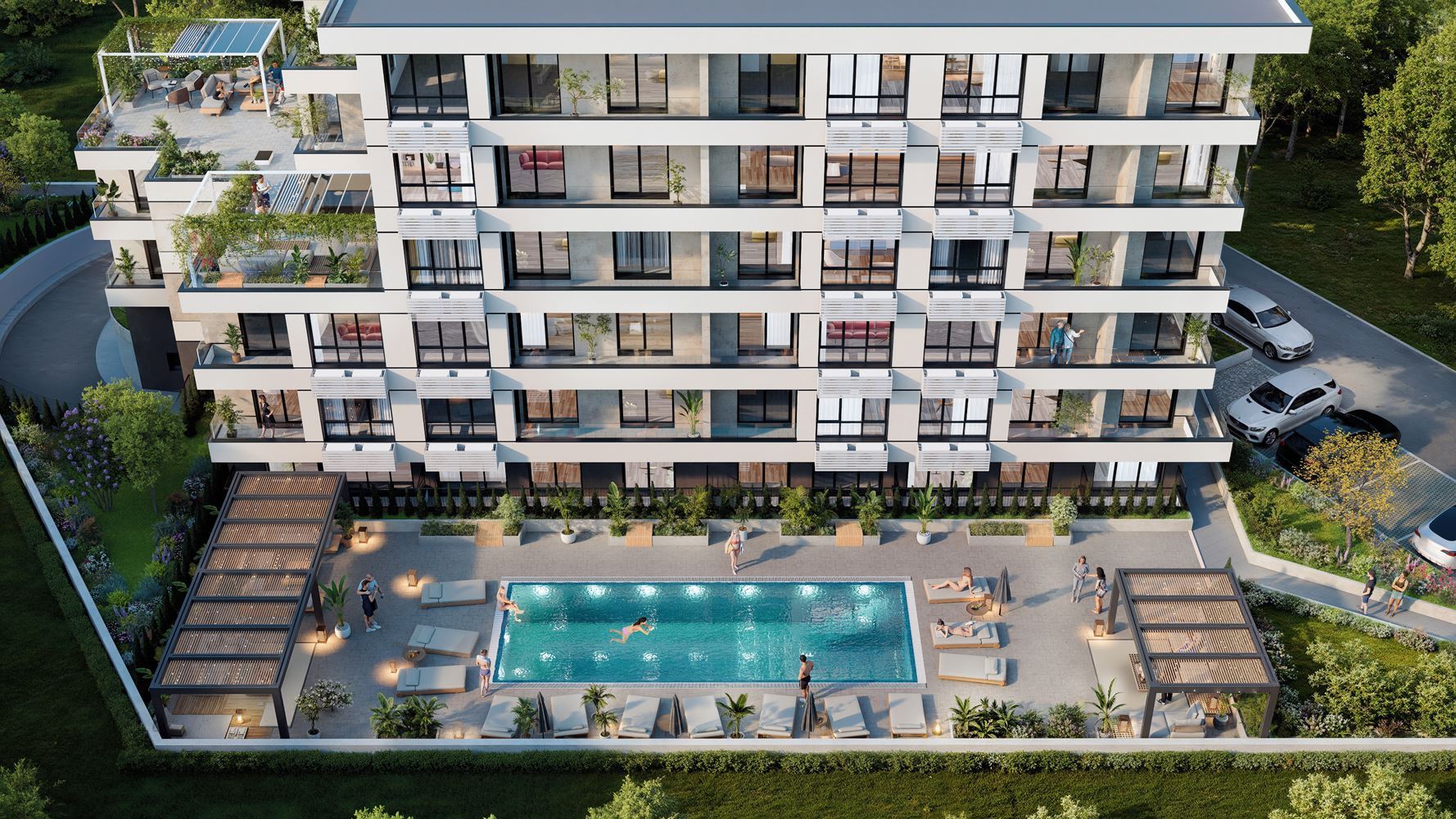 Apartament z jedną sypialnią i własnym małym ogródkiem w nowoczesnym, nowym kompleksie w Słonecznym Brzegu