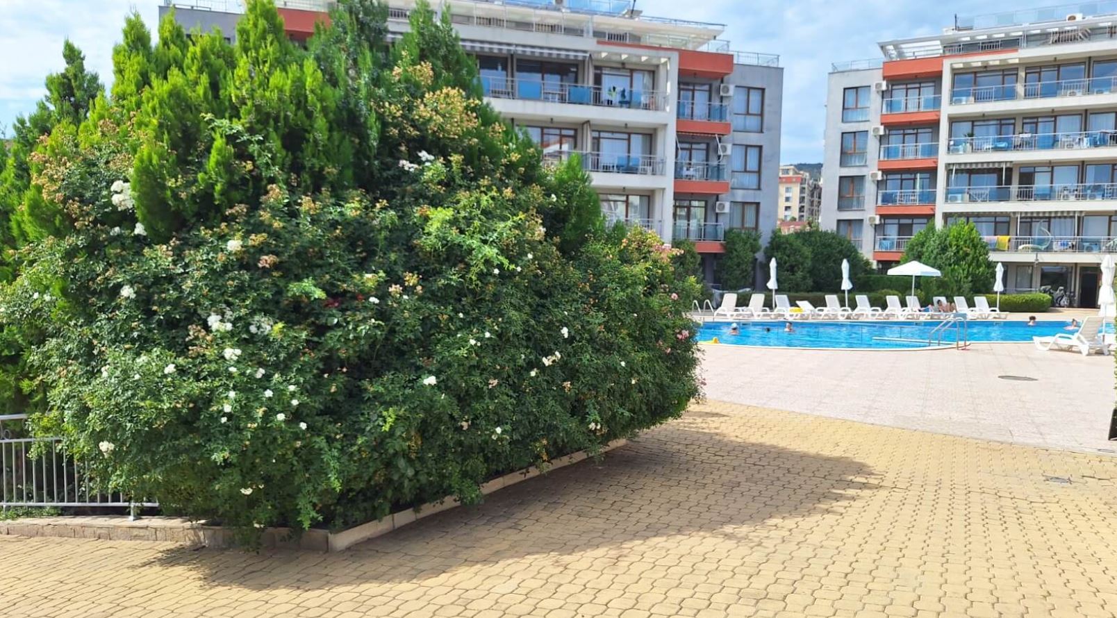 Apartament z jedną sypialnią na pierwszej linii brzegowej w Świętym Własie – przytulna nieruchomość z widokiem na basen i morze