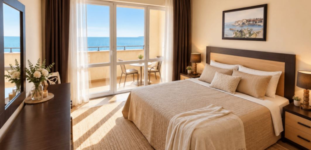 Przestronny apartament z jedną sypialnią, dużym tarasem i panoramicznym widokiem na morze
